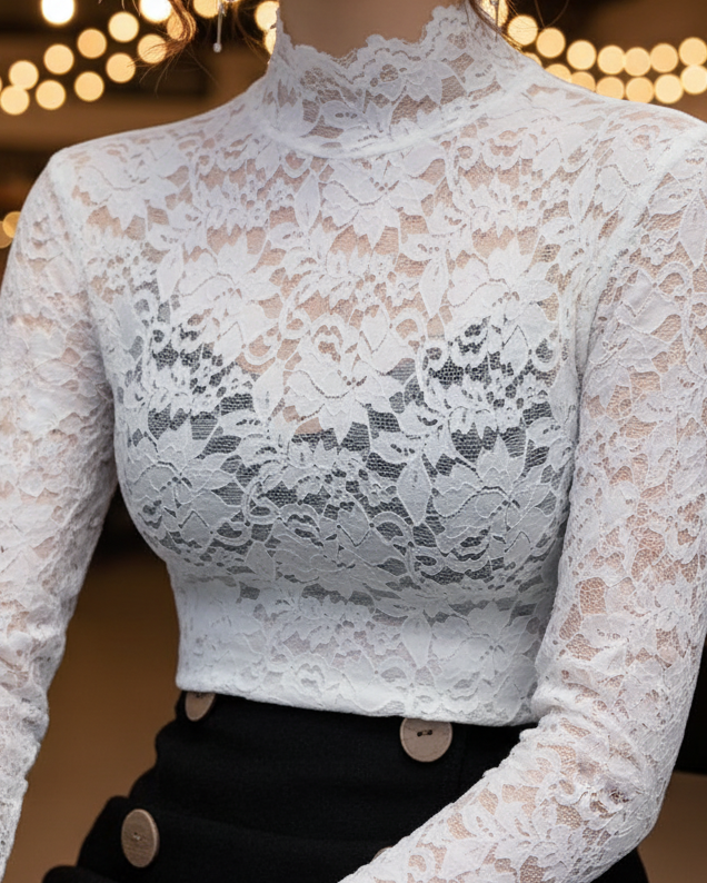 Floral Lace High Neck Blouse with Long Sleeves – Elegant Feminine Top 2