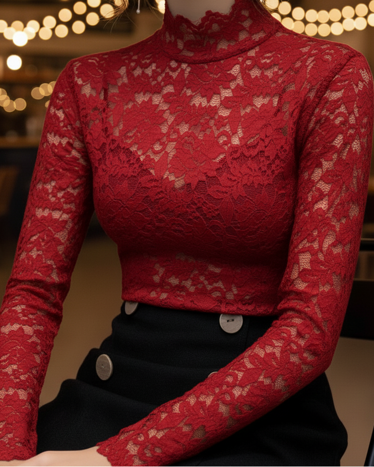 Floral Lace High Neck Blouse with Long Sleeves – Elegant Feminine Top 3