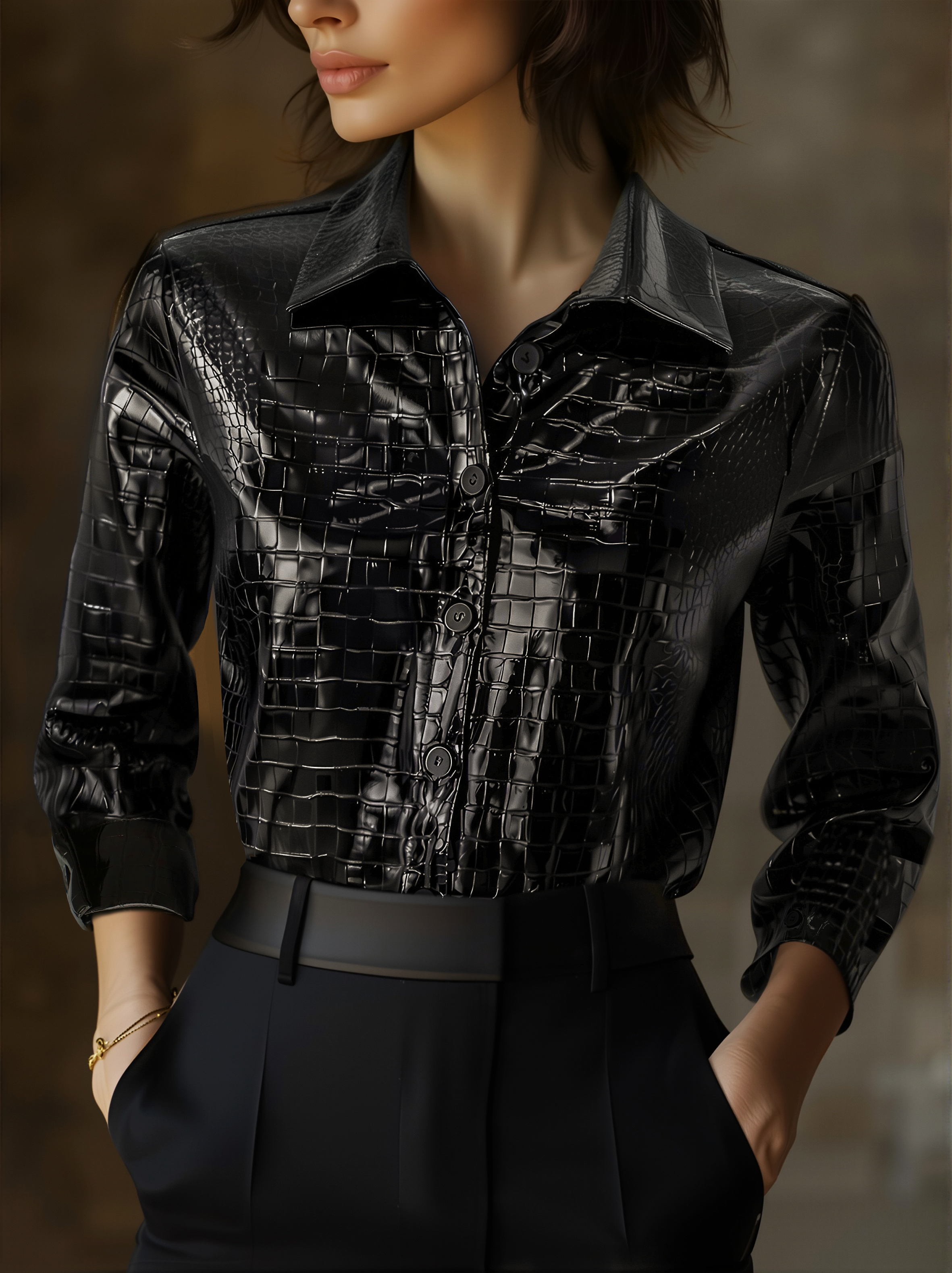 Glossy Black Crocodile Embossed Long Sleeve Shirt for Modern Luxury Style 0