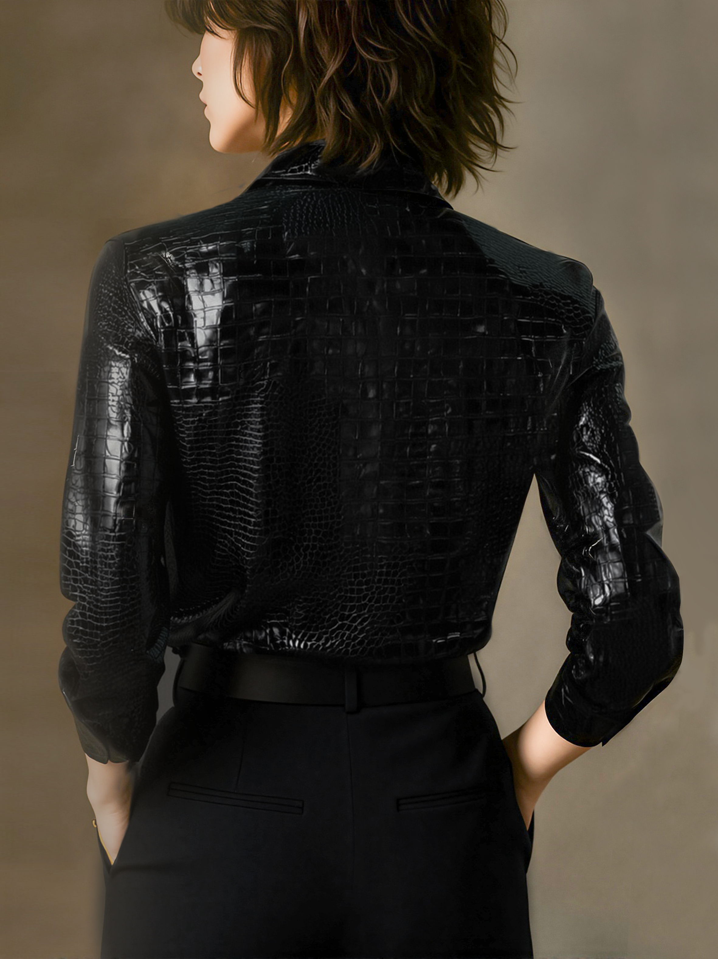 Glossy Black Crocodile Embossed Long Sleeve Shirt for Modern Luxury Style 1