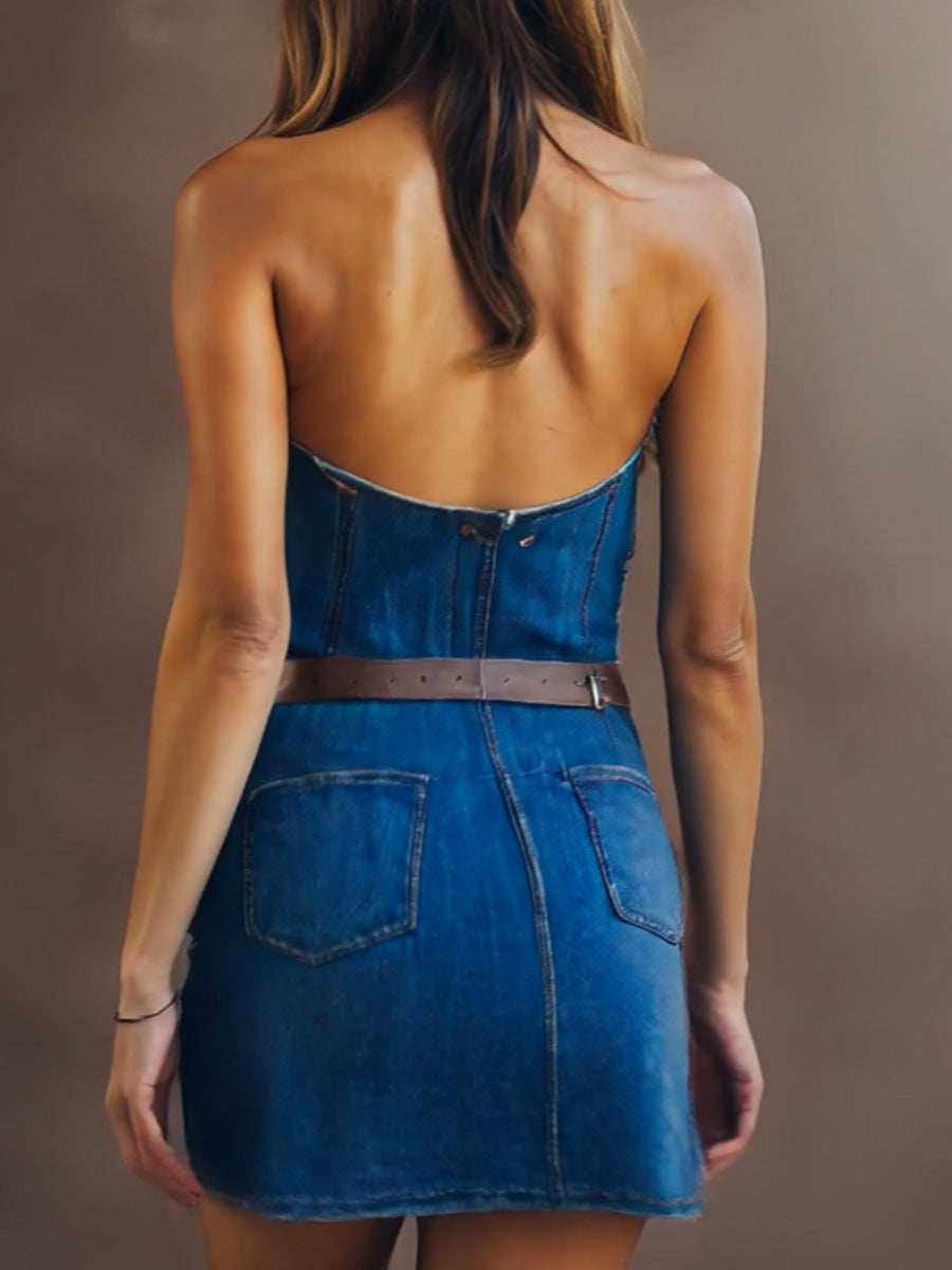 Halter Denim Mini Dress with Defined Waist and Tailored Seams – Casual to Chic 4