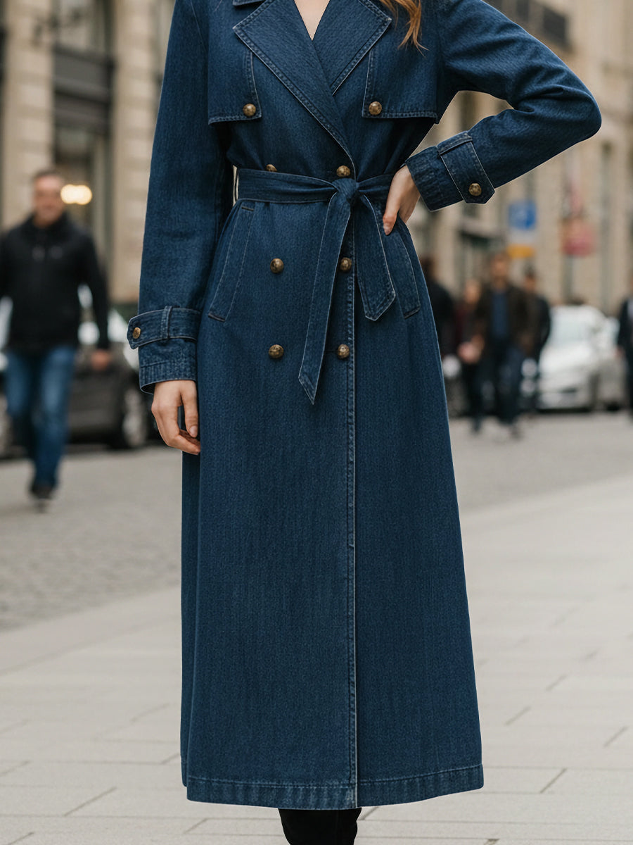 Indigo Double-Breasted Trench Coat with Self-Tie Belt – Stylish Denim Outerwear 2