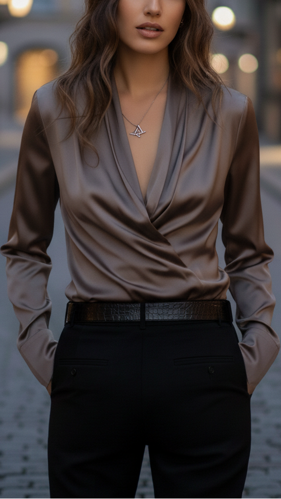 Isabelle Satin Blouse with Lace-Up Detail – Elegant Draped Design for Versatile Styling 0