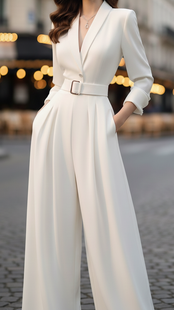 Ivory Belted Power Jumpsuit with Blazer-Inspired Bodice and Wide-Leg Trousers 1