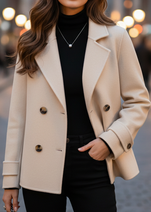 Ivory Short Double-Breasted Coat with Oversized Lapel and Black Buttons 1