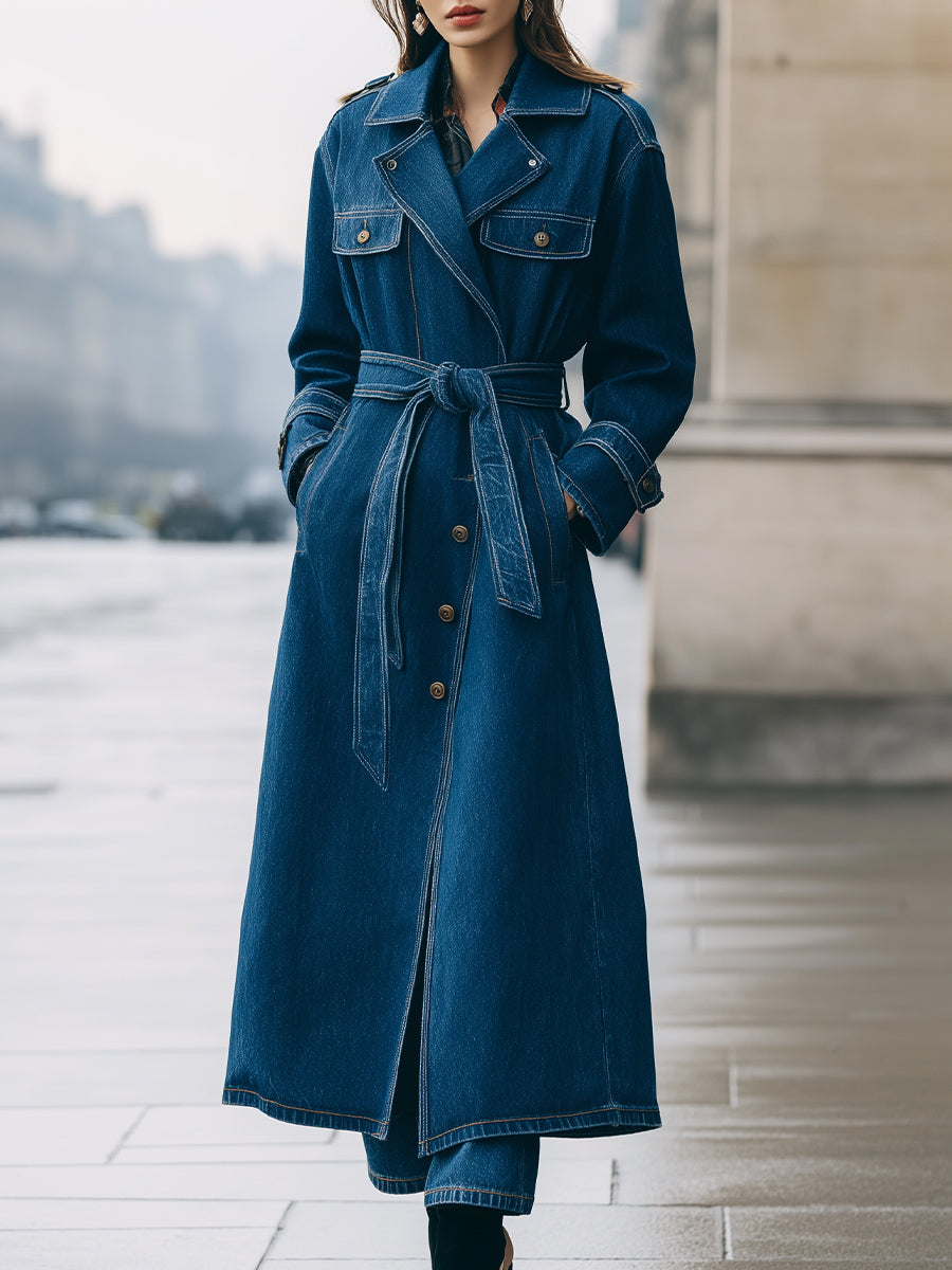 Longline Denim Trench Coat for Women with Belt - Ankle-Length Stylish Outerwear in Deep Indigo 0