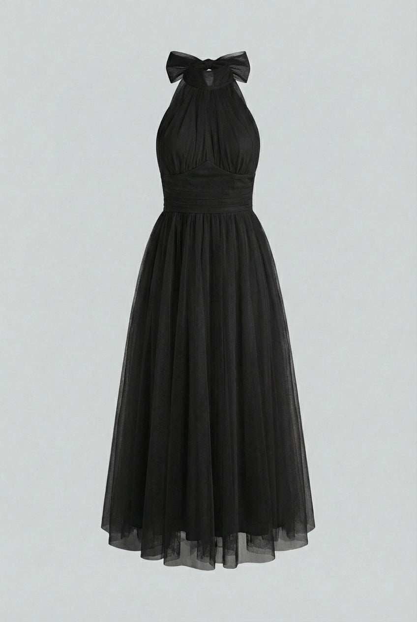 Luna | Black Satin Midi Dress - ginlerie 0