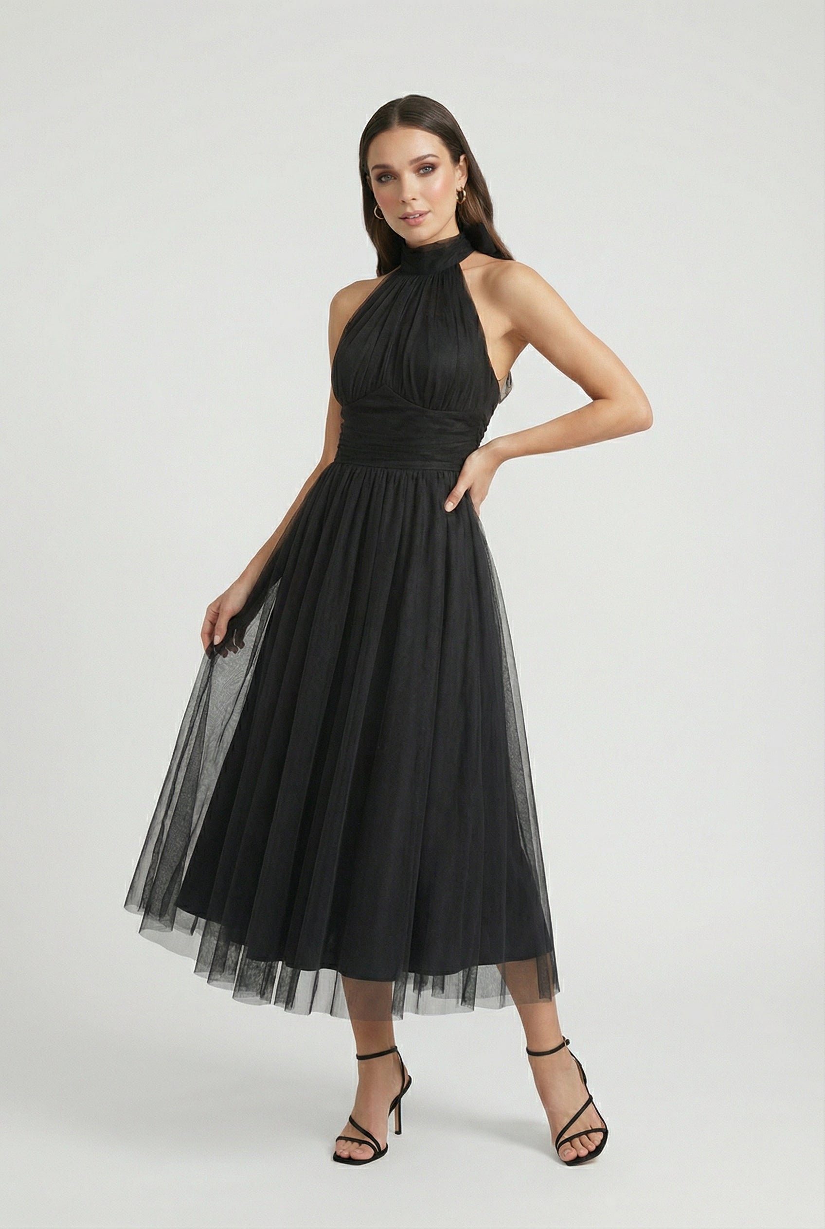 Luna | Black Satin Midi Dress - ginlerie 2