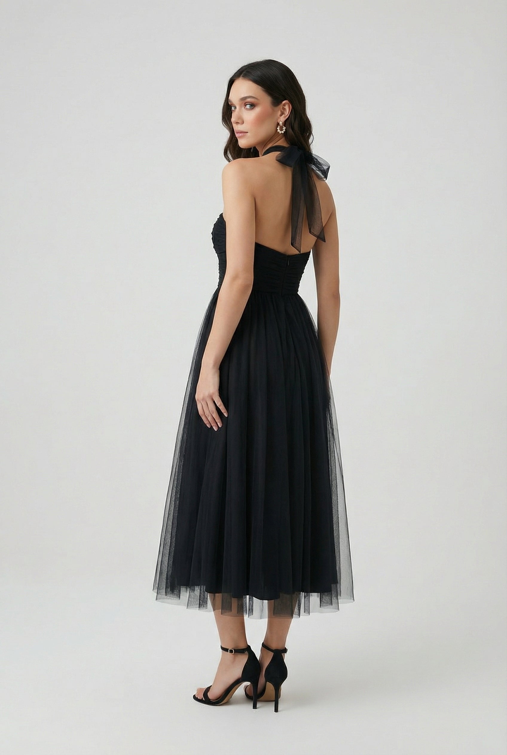 Luna | Black Satin Midi Dress - ginlerie 3