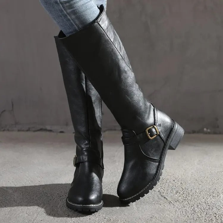 Luna | Knee High Boots with Side Zipper and Buckle Strap - ginlerie 2
