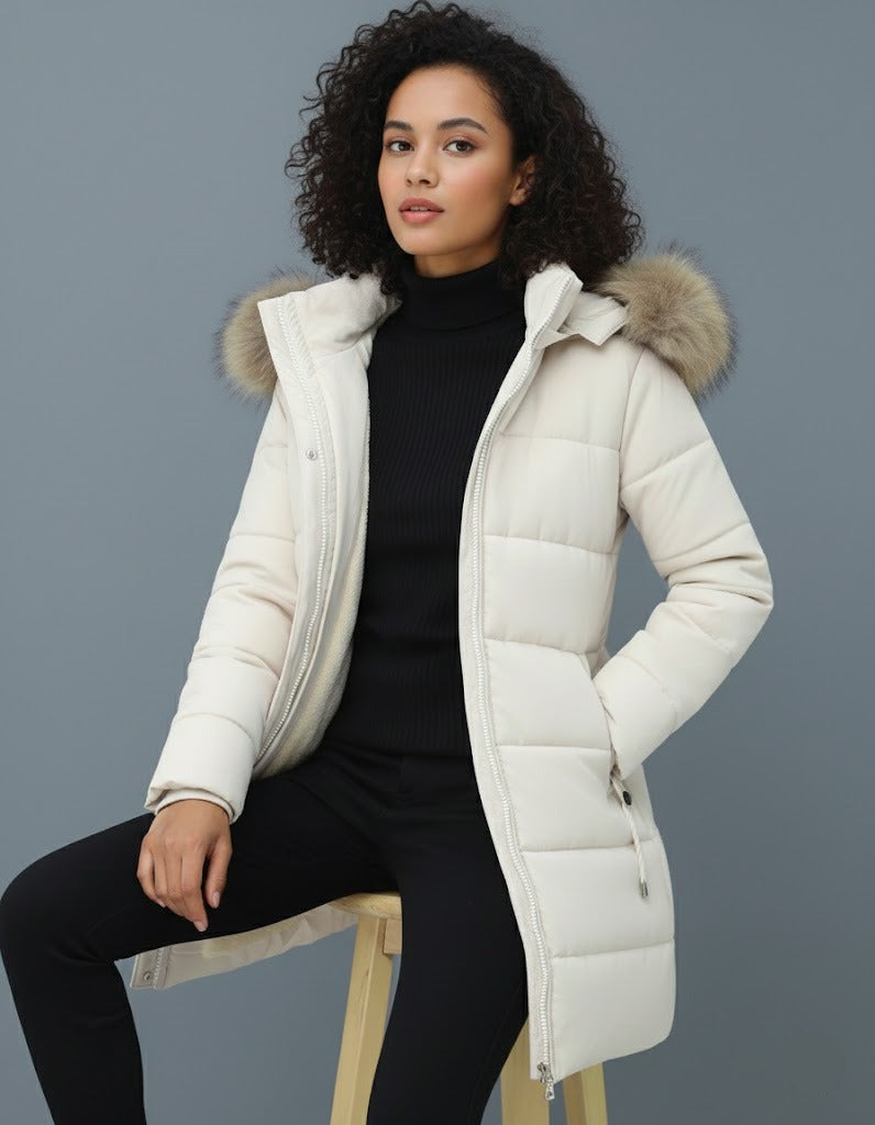 Luna | Long Puffer Coat with Faux-Fur Hood - ginlerie 0
