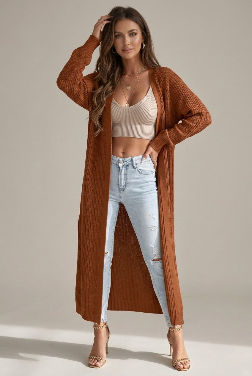 Luna | Long Waffle Knit Cardigan Sweater - ginlerie 4
