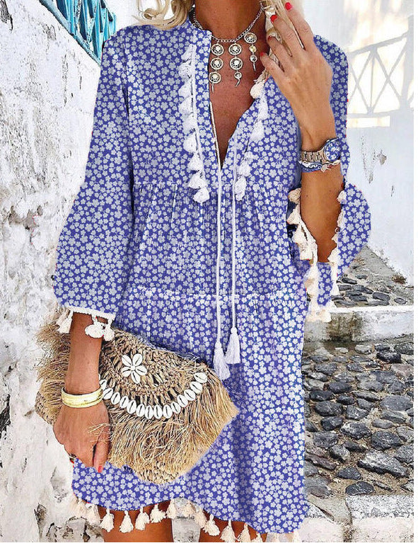 Luna | V-Neck Tassel Detail Mini Dress - ginlerie 1