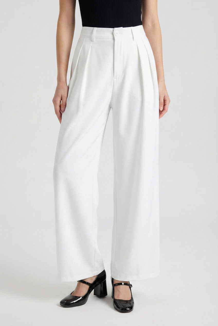 Luna | White Linen High-Waisted Pleated Pants - ginlerie 0