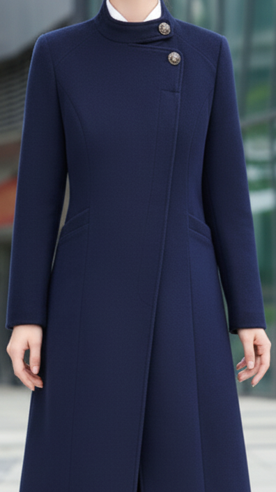 Navy Maxi Coat for Women - Long Wool Coat with Asymmetrical Button Closure and Tailored Fit 1