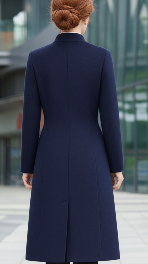 Navy Maxi Coat for Women - Long Wool Coat with Asymmetrical Button Closure and Tailored Fit 3