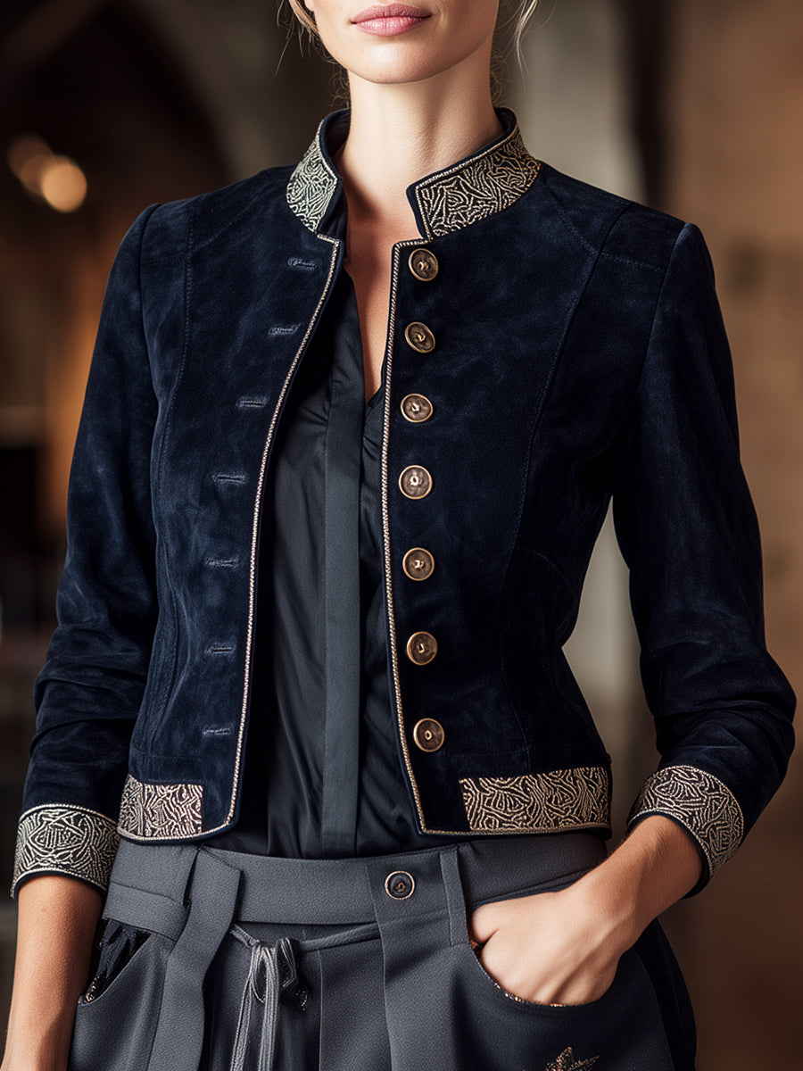 Navy Military-Inspired Jacket with Embroidered Design – Premium Suede Outerwear for Women 0