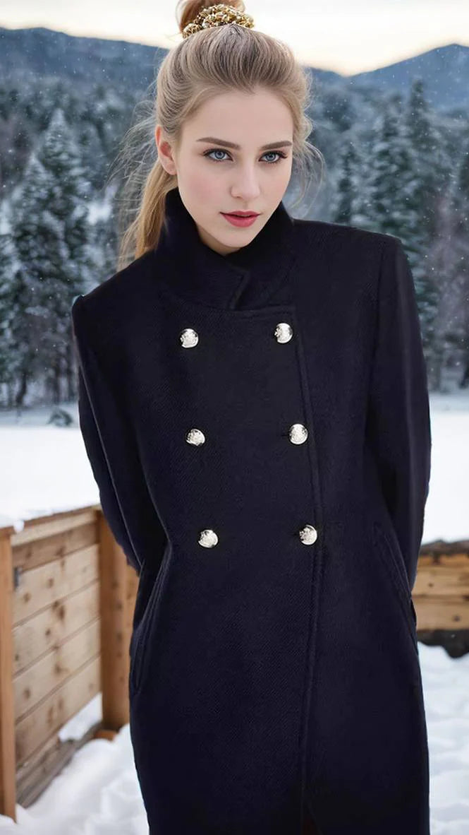 Navy Wool Blend Maxi Coat for Women – Long Winter Coat with High Collar and Double-Breasted Design 0
