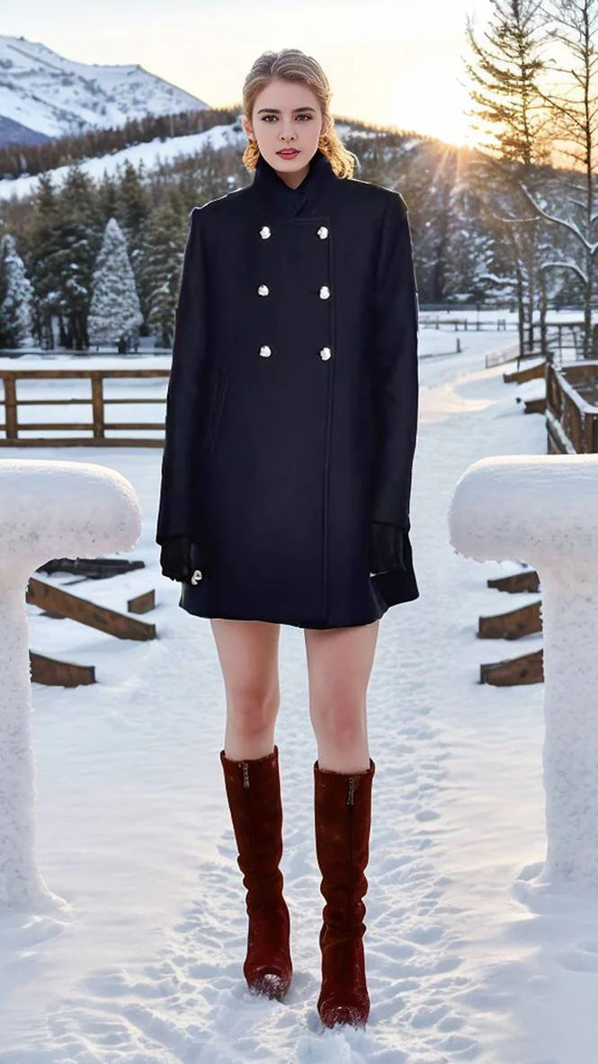 Navy Wool Blend Maxi Coat for Women – Long Winter Coat with High Collar and Double-Breasted Design 1