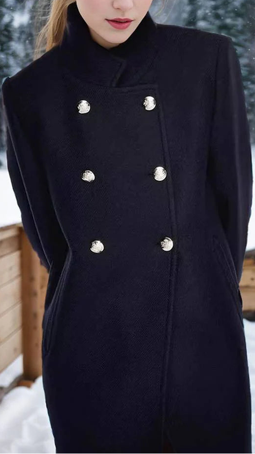 Navy Wool Blend Maxi Coat for Women – Long Winter Coat with High Collar and Double-Breasted Design 3