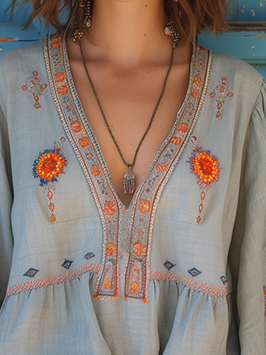 Nina | Embroidered V Neck Blouse - ginlerie 1