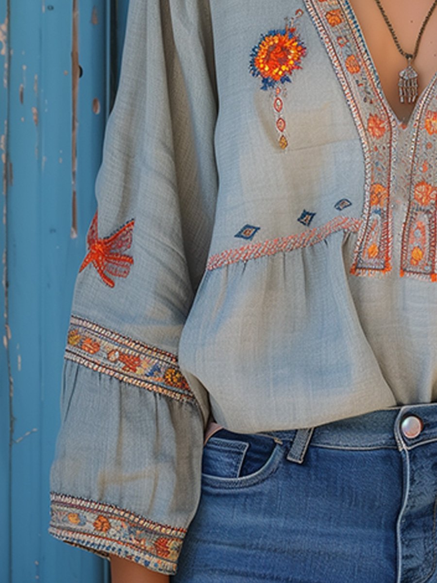 Nina | Embroidered V Neck Blouse - ginlerie 3