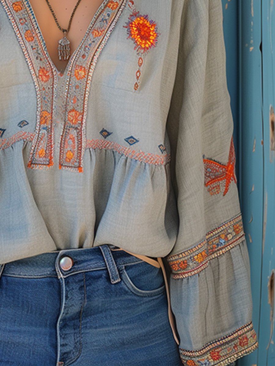 Nina | Embroidered V Neck Blouse - ginlerie 4
