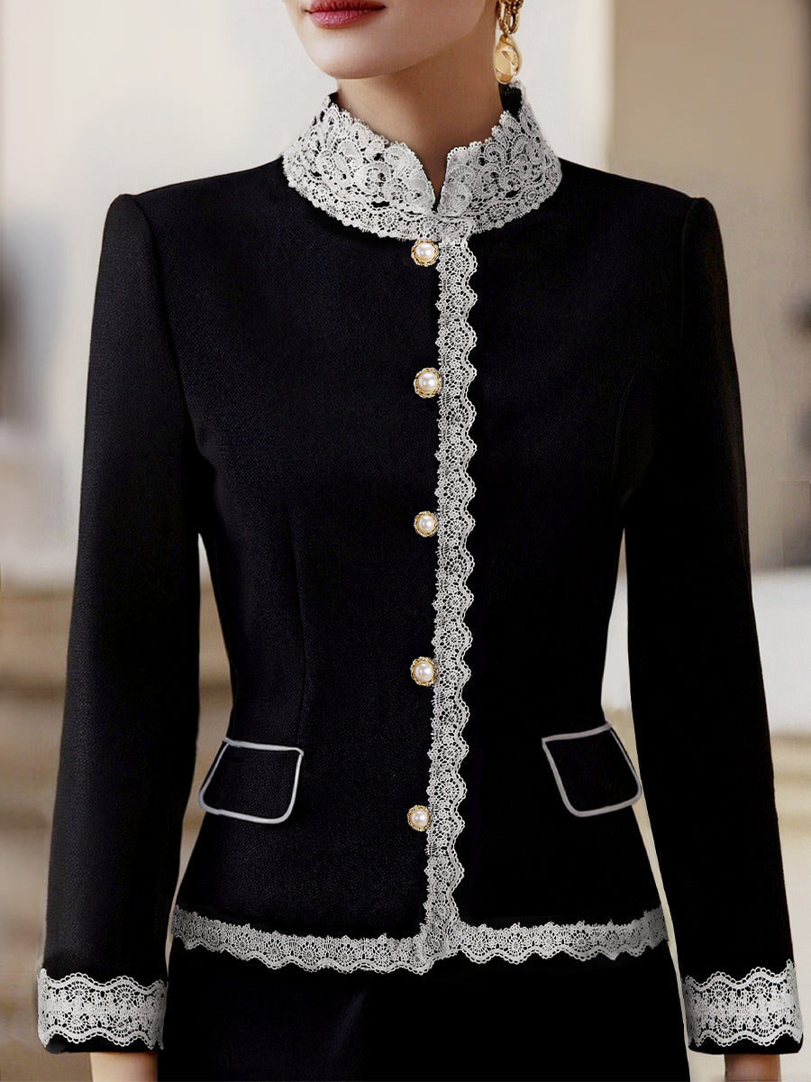 Pearl Button Blazer with Lace Trim – Structured Black Blazer for Versatile Wear 0