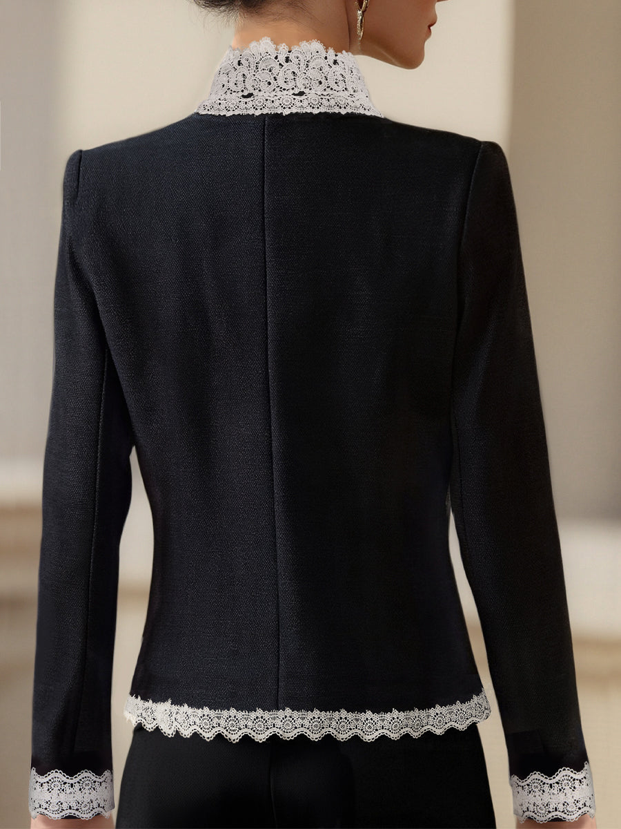 Pearl Button Blazer with Lace Trim – Structured Black Blazer for Versatile Wear 1