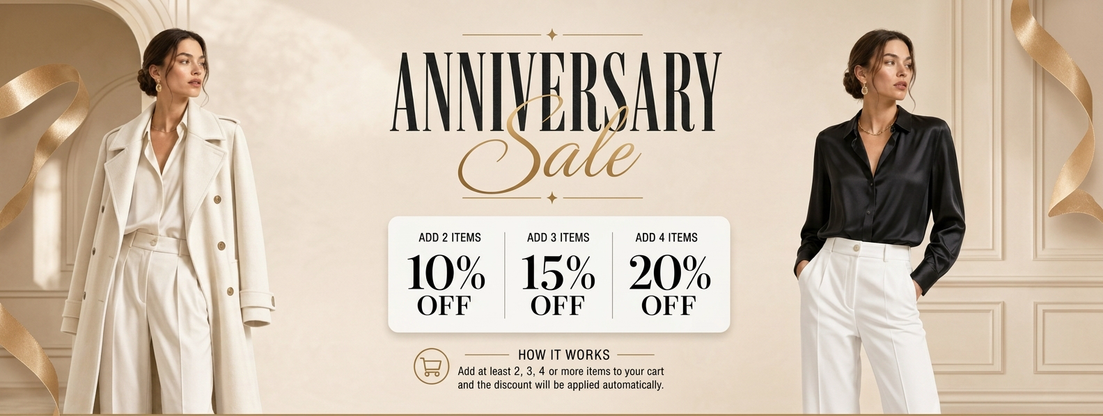 Promotional banner for an anniversary sale with two women in formal attire and discount information.