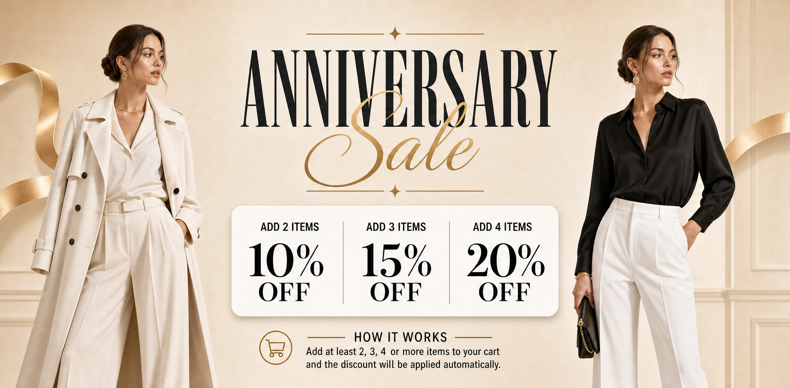 Promotional banner for an anniversary sale with fashion models and discount information.