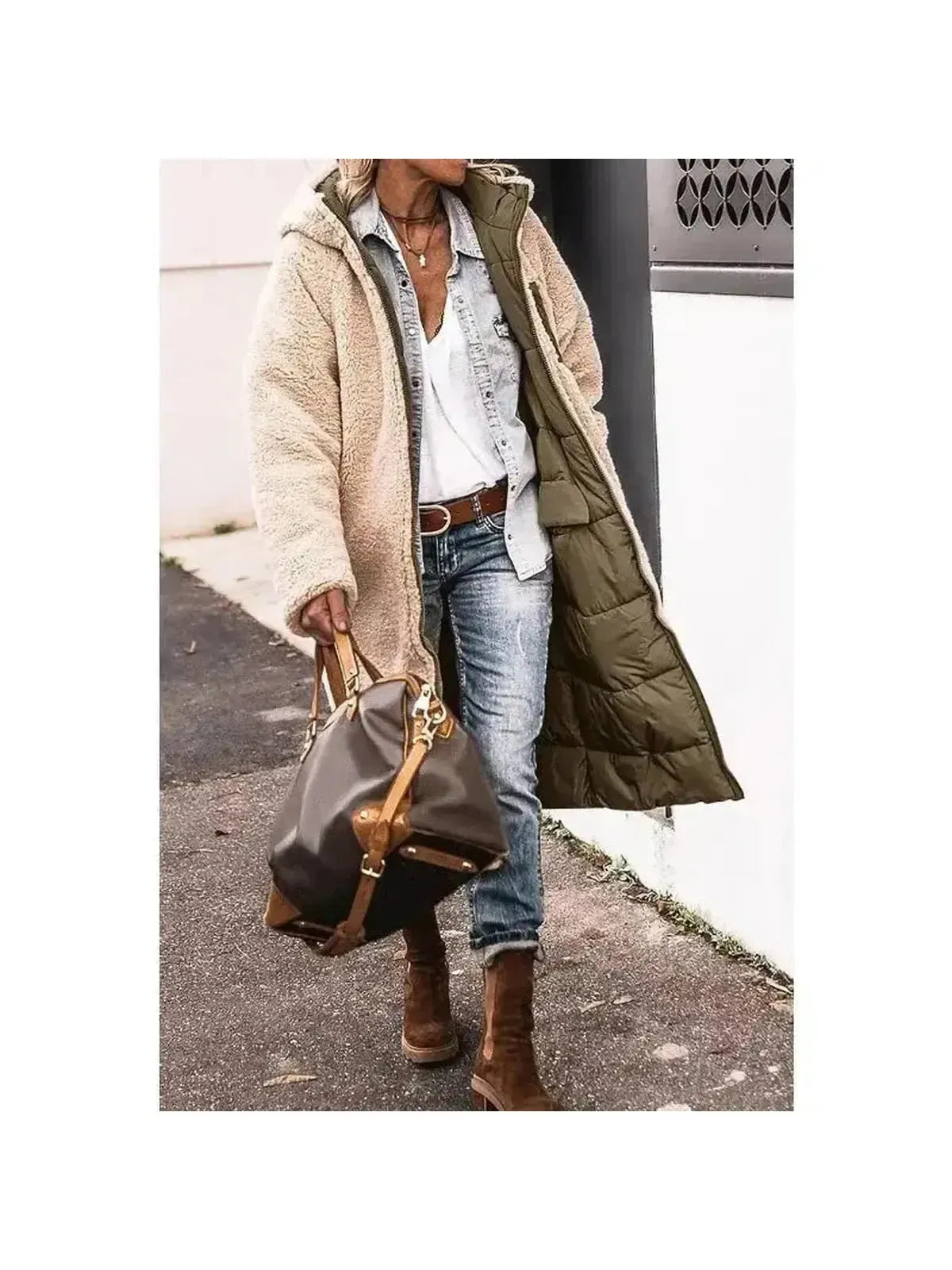 Reversible Longline Faux Fur Jacket with Sherpa Lining for Women – Elegant Winter Coat 1