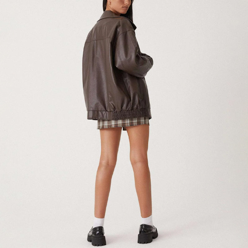 Sage | Oversized Faux Leather Bomber Jacket - ginlerie 2