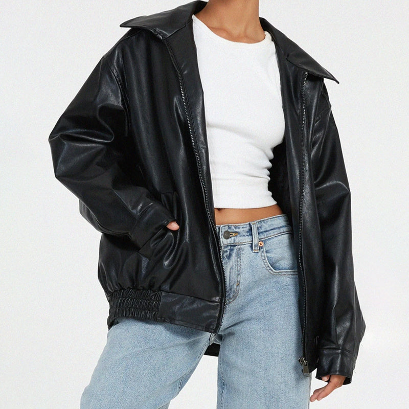 Sage | Oversized Faux Leather Bomber Jacket - ginlerie 3