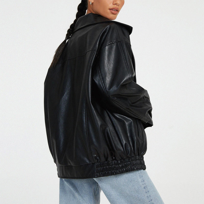 Sage | Oversized Faux Leather Bomber Jacket - ginlerie 5