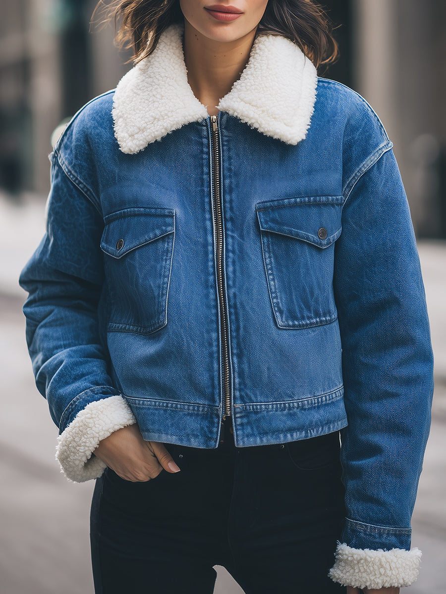 Sherpa-Lined Denim Jacket with Faux-Shearling Collar – Vintage-Inspired Casual Outerwear 0