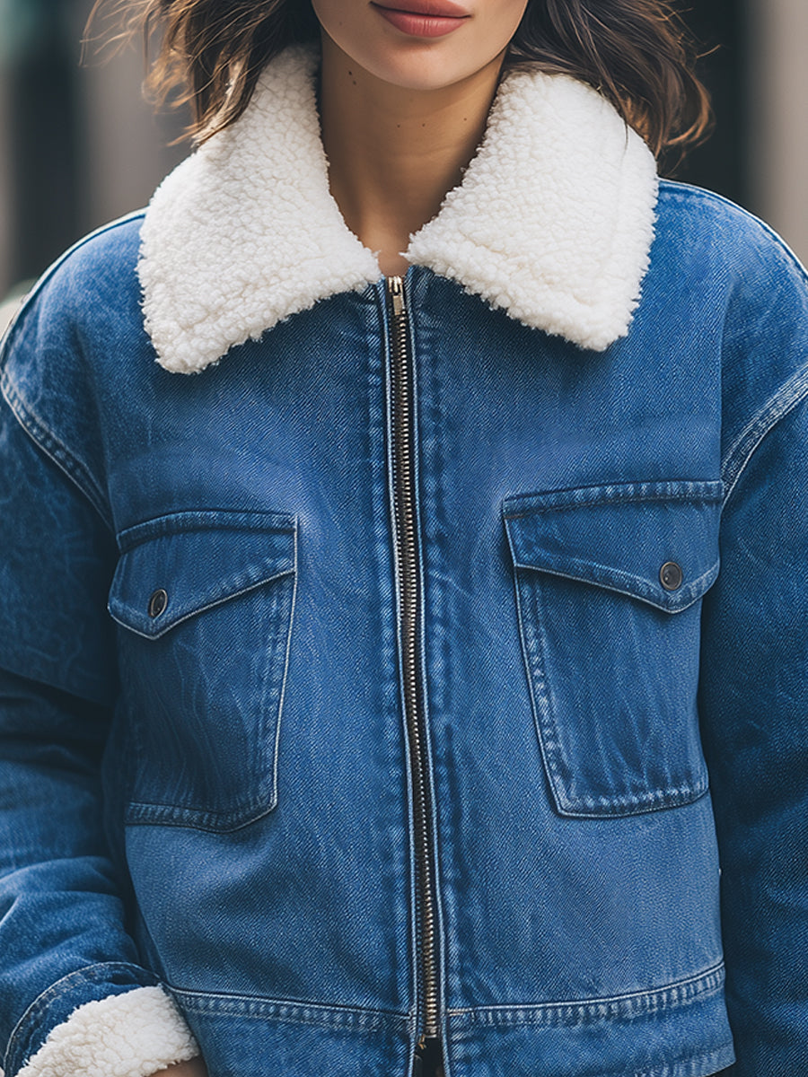 Sherpa-Lined Denim Jacket with Faux-Shearling Collar – Vintage-Inspired Casual Outerwear 1