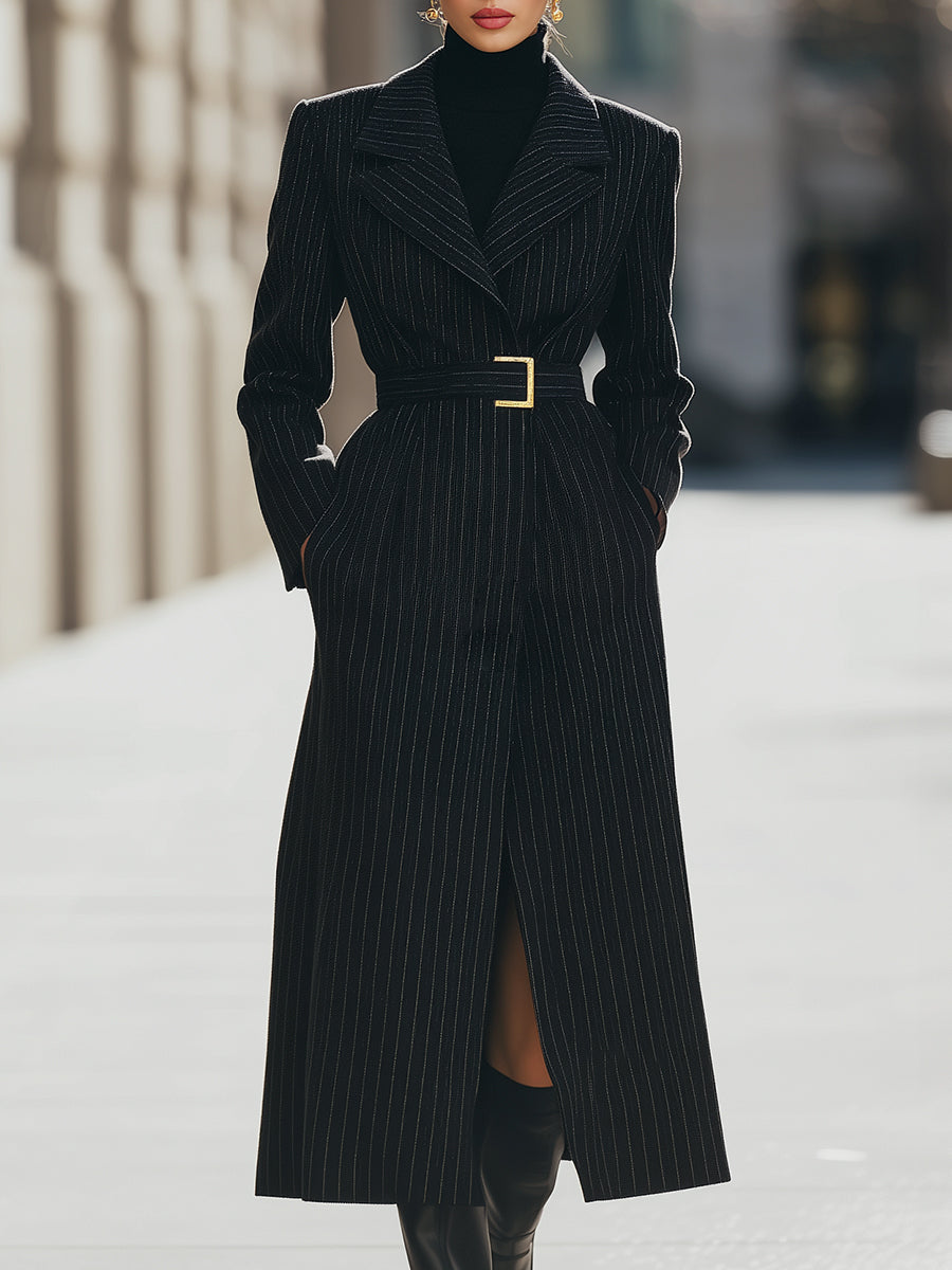 Structured Pinstripe Belted Long Coat – Premium Wool-Blend Outerwear 0