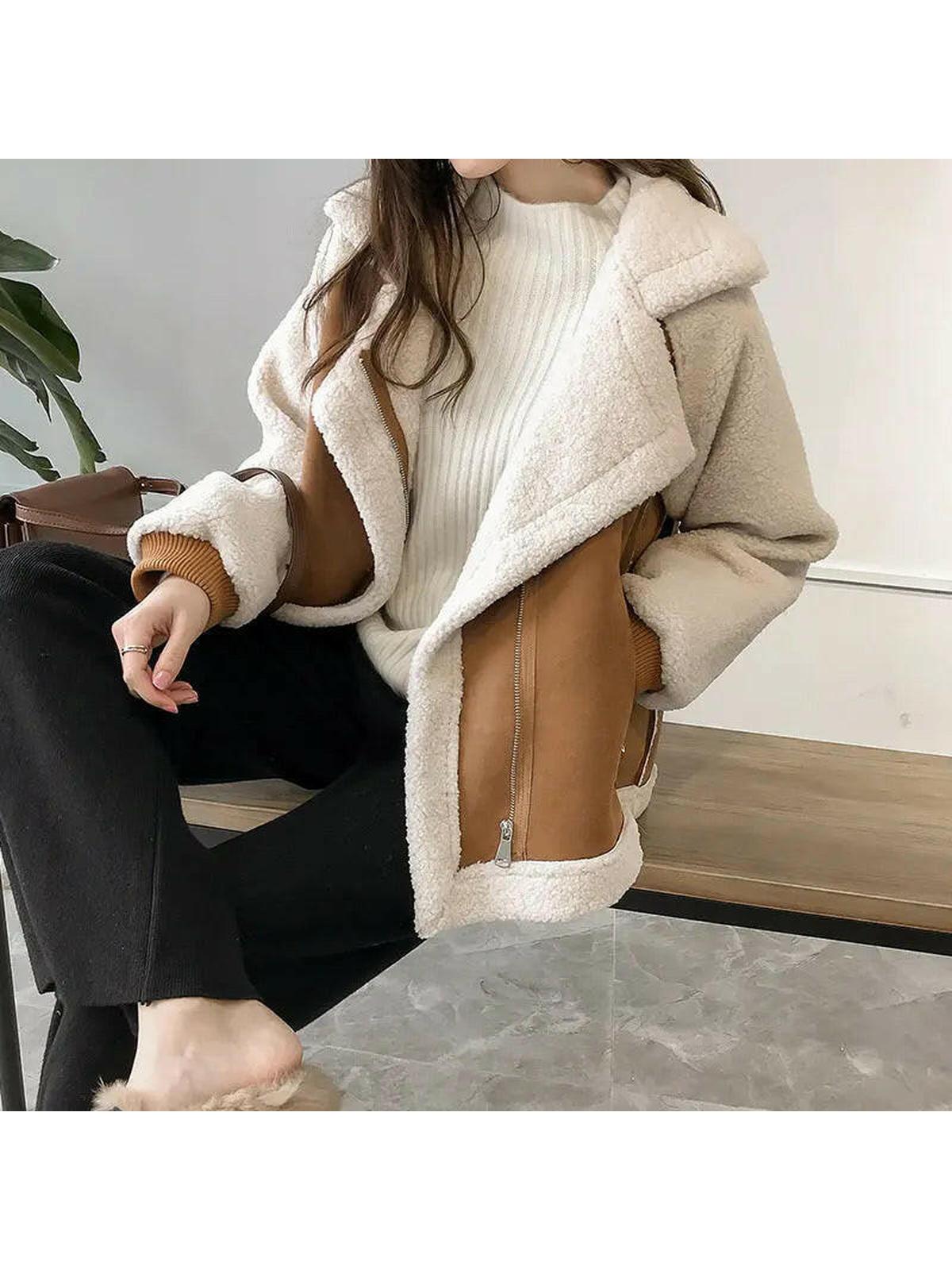 Stylish Faux Shearling Zip-Up Jacket for Women – Cozy and Chic Outerwear 2