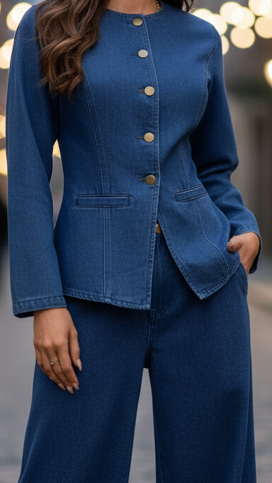 Tailored Denim Two-Piece Suit with Double-Breasted Blazer and High-Rise Trousers 1