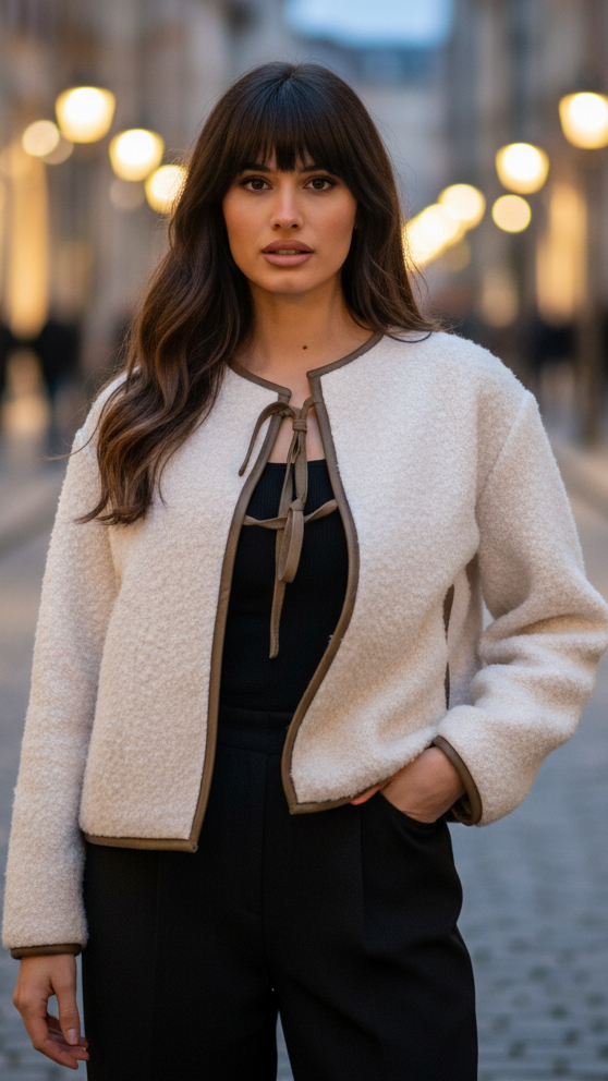 Textured Tie-Front Cropped Jacket for Women – Soft Wool-Blend Fabric, Modern Design, Waist-Length, Relaxed Fit 0