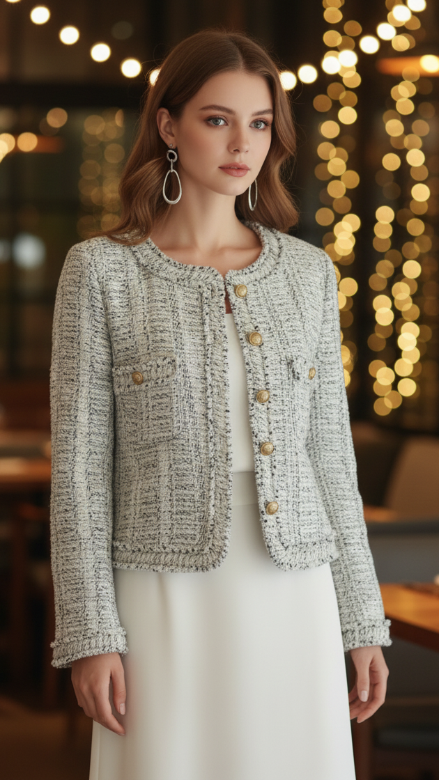 Tweed Jacket with Contrast Trim – Elegant Pastel Weave, Tailored Fit for Versatile Styling 0