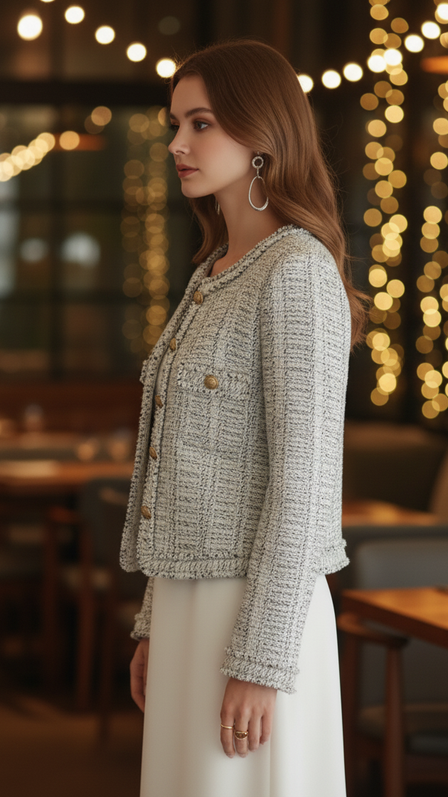 Tweed Jacket with Contrast Trim – Elegant Pastel Weave, Tailored Fit for Versatile Styling 2