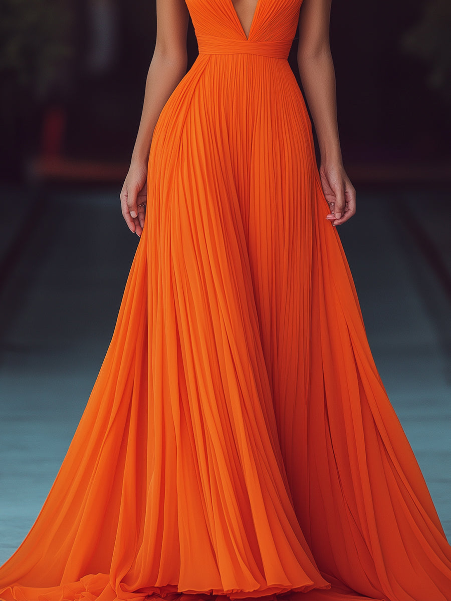 V Neck Halter Pleat Maxi Dress – Elegant Floor-Length Evening Dress 2