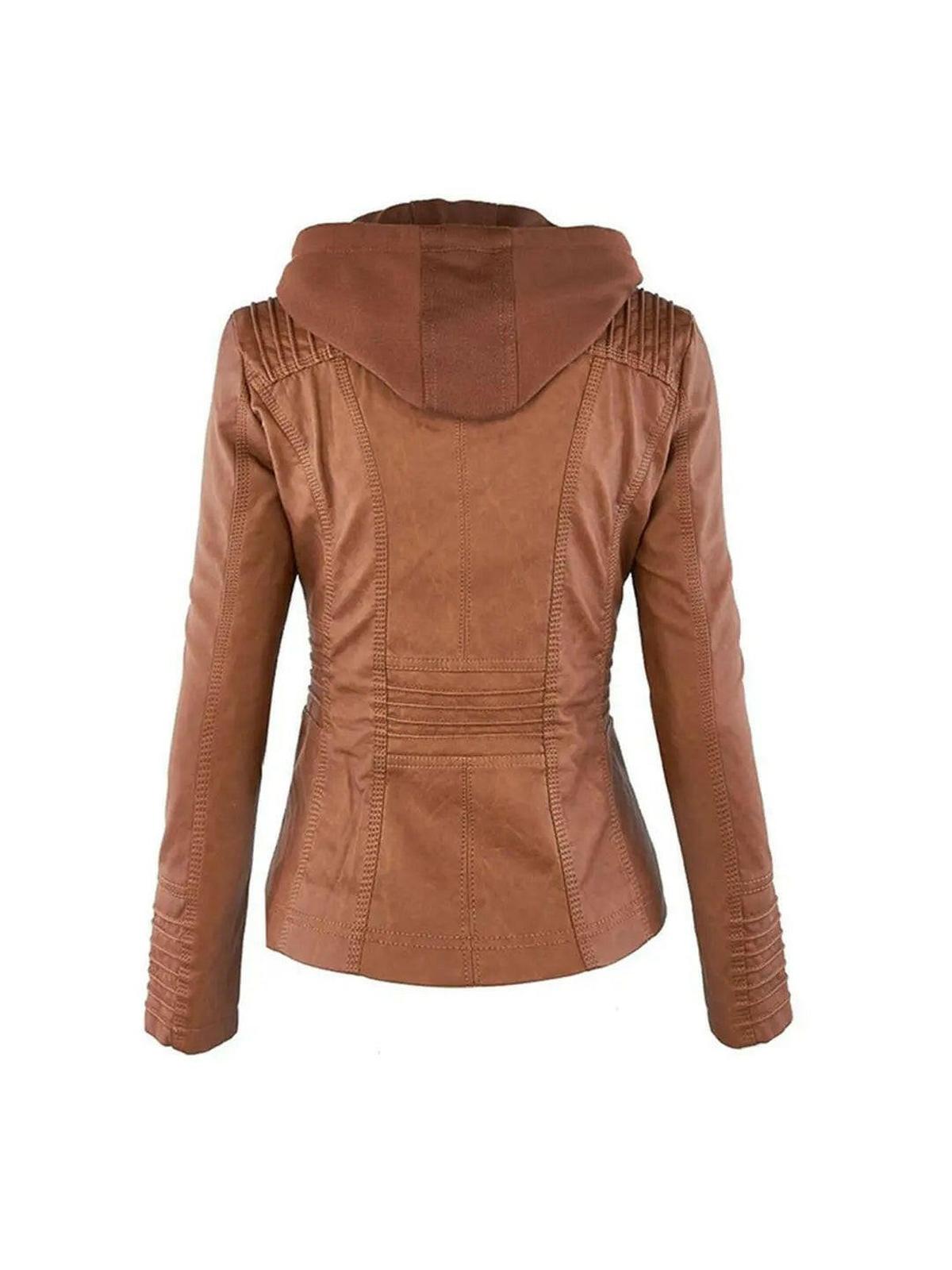 Waterproof Women's Leather Jacket with Removable Hood – Elegant, Durable Design for All Occasions 3