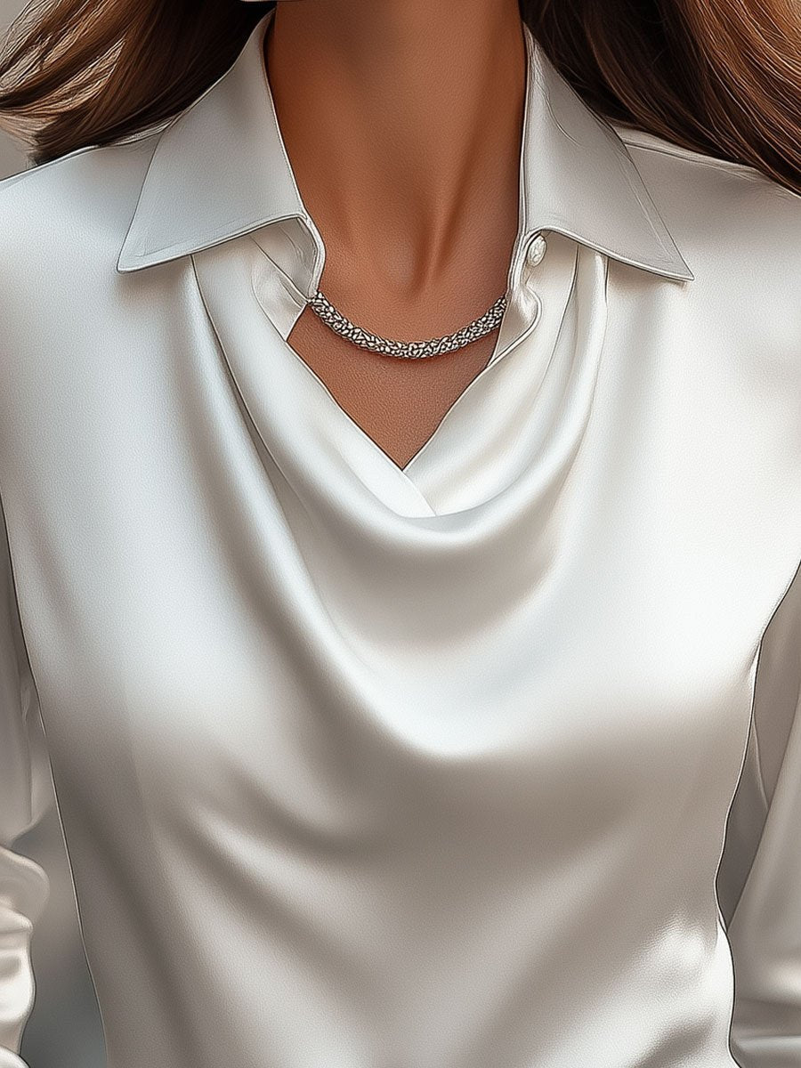 White Satin Blouse with Draped Neckline – Elegant Women's Top for Versatile Wear 1