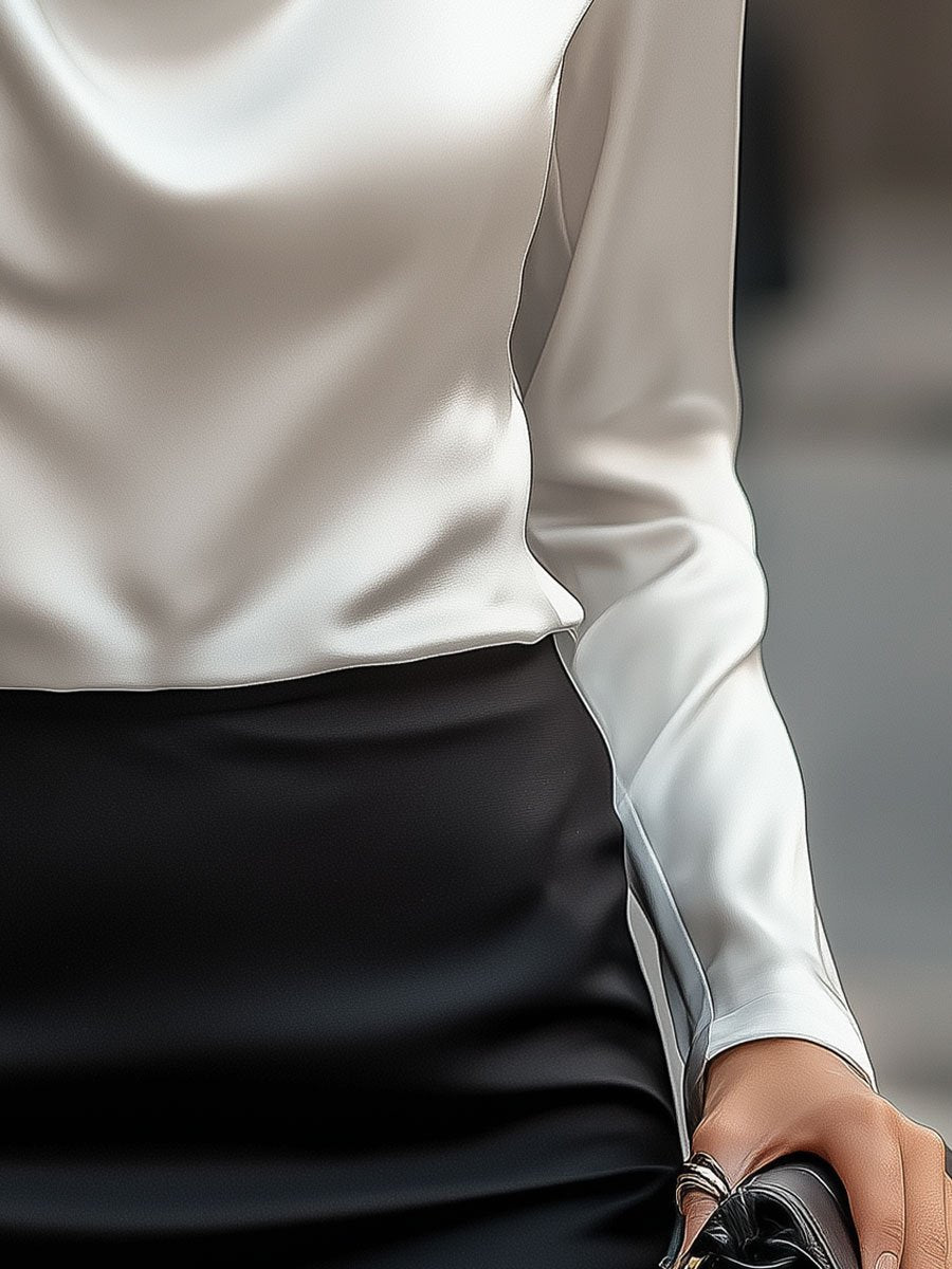 White Satin Blouse with Draped Neckline – Elegant Women's Top for Versatile Wear 2