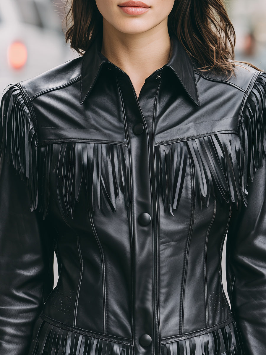 Women's Faux Leather Jacket with Fringe Detail – Edgy Hip-Length Outerwear for Versatile Style 1