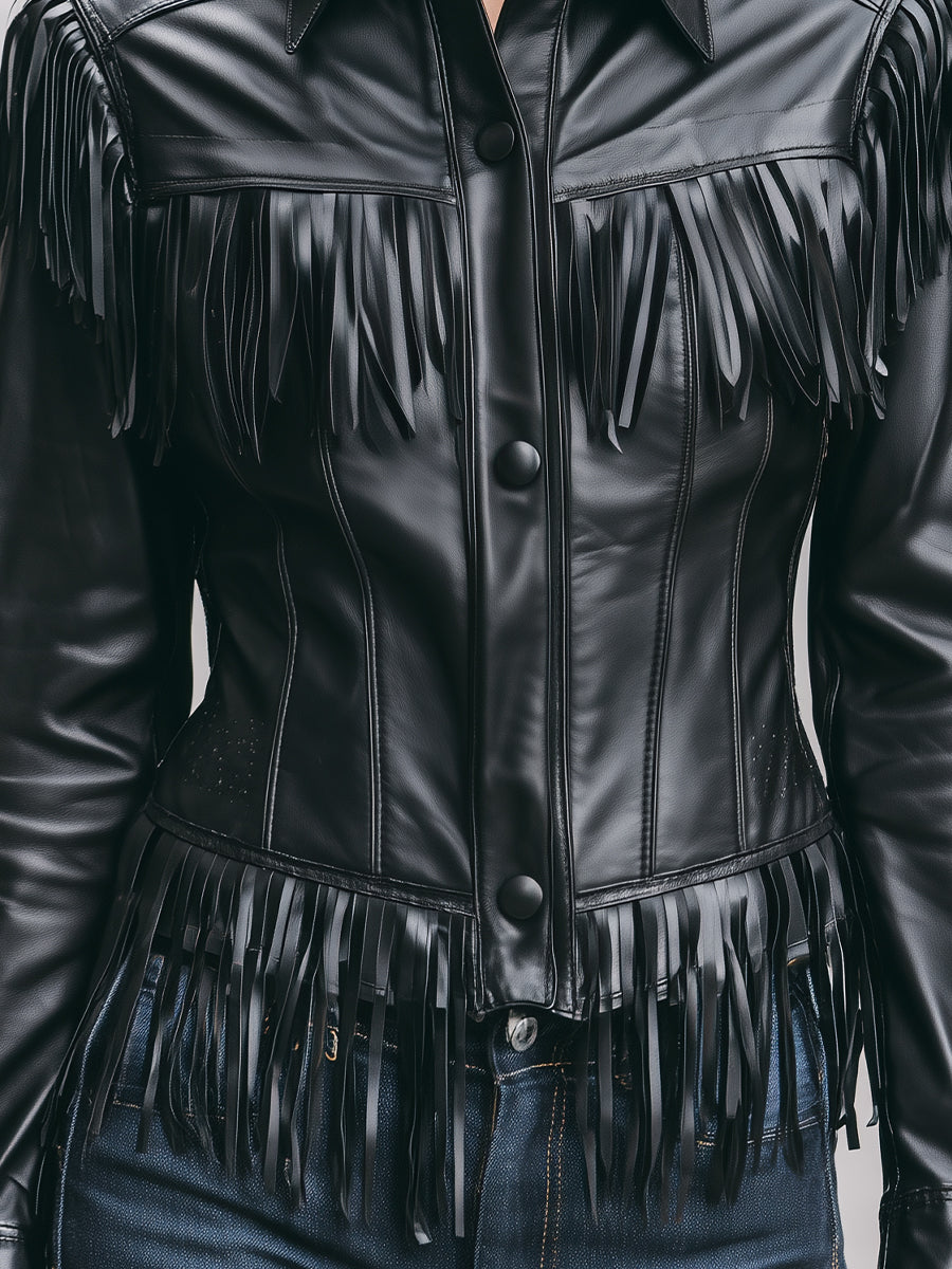 Women's Faux Leather Jacket with Fringe Detail – Edgy Hip-Length Outerwear for Versatile Style 2