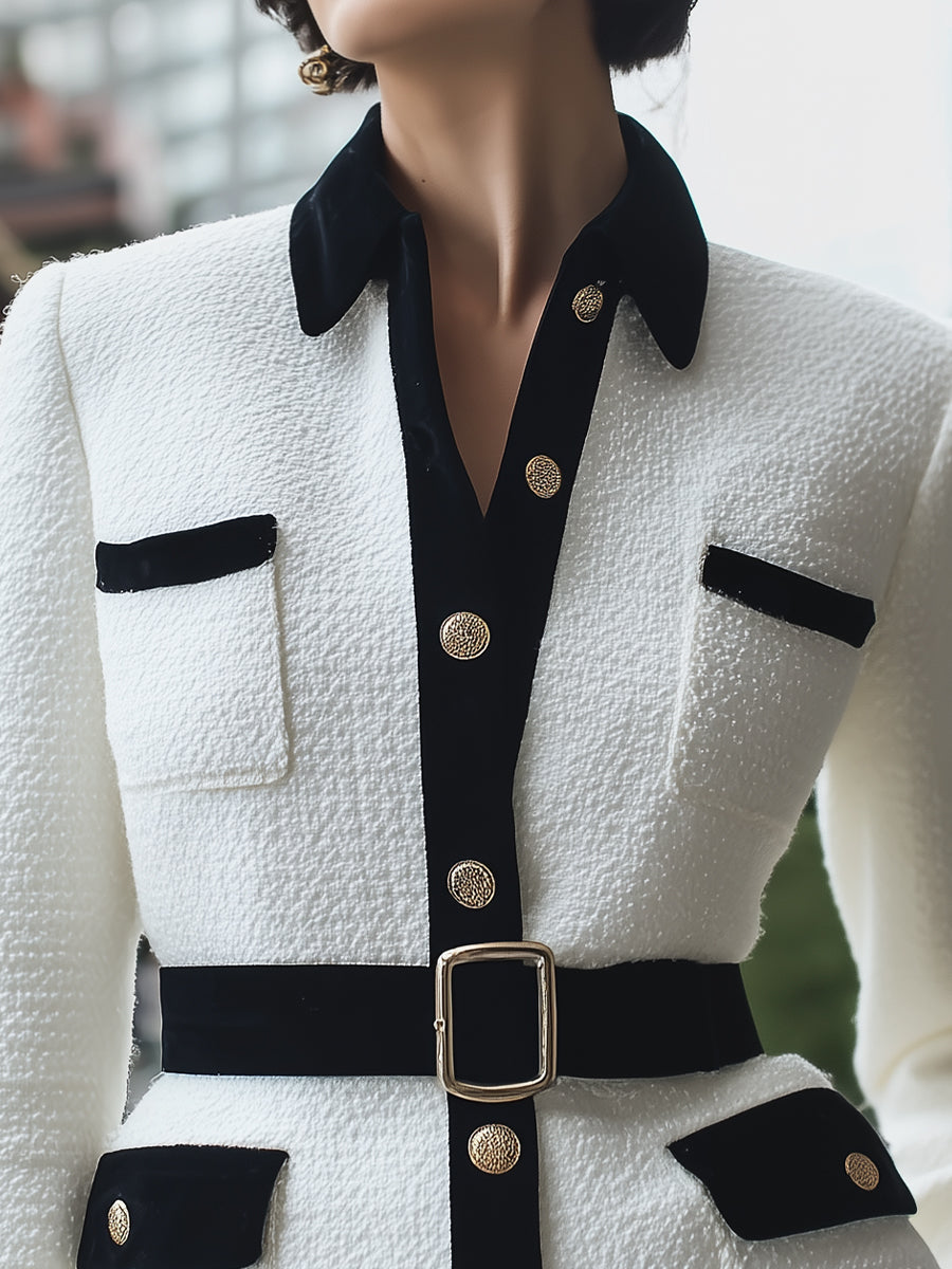 Women's Jacket, Elegant Tailored White Tweed with Black Velvet Accents, Hip-Length, Flattering Fit for Office or Evening Wear 1